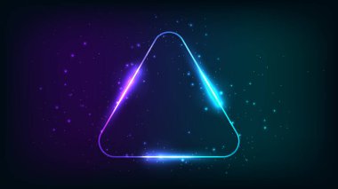 Neon yuvarlak üçgen çerçeve, parlak efektler ve koyu arkaplanda parıltılar. Boş parlayan tekno fon. Vektör illüstrasyonu