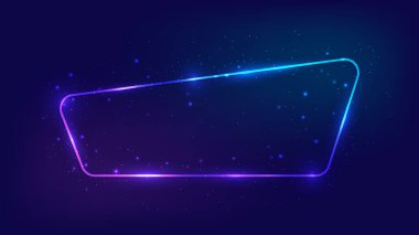 Neon yuvarlak çerçeve, parlak efektler ve koyu arkaplanda parıltılar. Boş parlayan tekno fon. Vektör illüstrasyonu