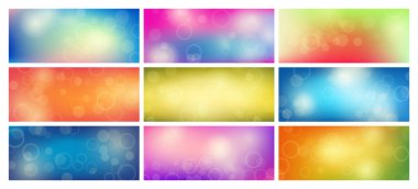 Bulanık bokeh ışık efektli soyut arkaplan. Büyük bir modern renkli dairesel bulanık ışık seti. Vektör illüstrasyonu