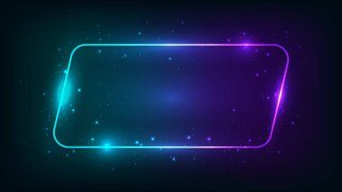 Neon yuvarlak paralelkenarlı çerçeve, parlak efektler ve koyu arkaplanda parıltılar. Boş parlayan tekno fon. Vektör illüstrasyonu