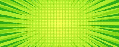 Yeşil çizgi roman arka planında boş alanı olan pop sanat tarzında. Işınlar, noktalar ve yarım ton etkisi olan bir şablon. Vektör illüstrasyonu