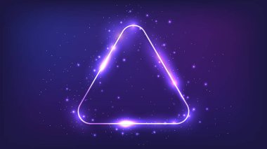 Neon yuvarlak üçgen çerçeve, parlak efektler ve koyu arkaplanda parıltılar. Boş parlayan tekno fon. Vektör illüstrasyonu