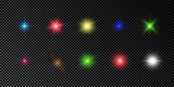 Efecto Luminoso Las Bengalas Conjunto Luces Brillantes Multicolores Efectos Explosión — Vector de stock