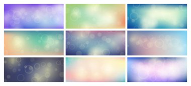 Bulanık bokeh ışık efektli soyut arkaplan. Büyük bir modern renkli dairesel bulanık ışık seti. Vektör illüstrasyonu