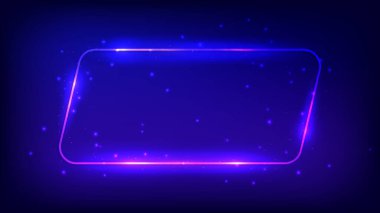 Neon yuvarlak paralelkenarlı çerçeve, parlak efektler ve koyu arkaplanda parıltılar. Boş parlayan tekno fon. Vektör illüstrasyonu