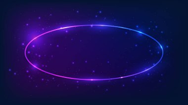 Parlak efektleri ve koyu arkaplanda parıltıları olan neon oval çerçeve. Boş parlayan tekno fon. Vektör illüstrasyonu
