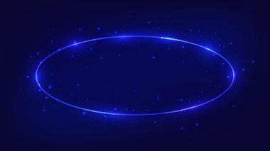 Parlak efektleri ve koyu arkaplanda parıltıları olan neon oval çerçeve. Boş parlayan tekno fon. Vektör illüstrasyonu