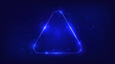 Neon yuvarlak üçgen çerçeve, parlak efektler ve koyu arkaplanda parıltılar. Boş parlayan tekno fon. Vektör illüstrasyonu