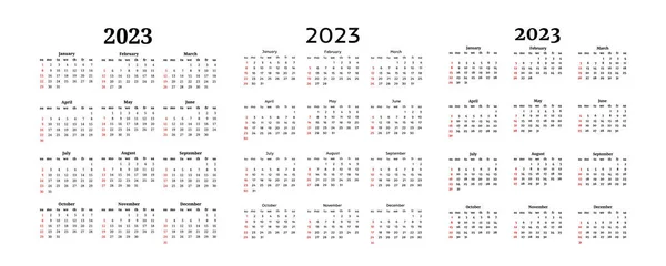 Set Three Calendars 2023 Isolated White Background Sunday Monday Business — Stock Vector