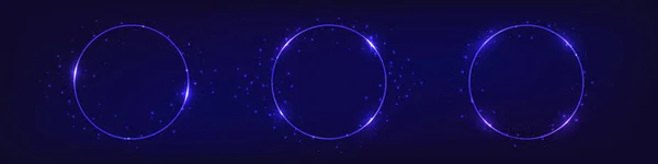 Set Trei Rame Rotunde Neon Efecte Strălucitoare Fundal Întunecat Gol — Vector de stoc