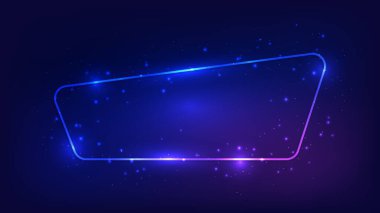 Neon yuvarlak çerçeve, parlak efektler ve koyu arkaplanda parıltılar. Boş parlayan tekno fon. Vektör illüstrasyonu