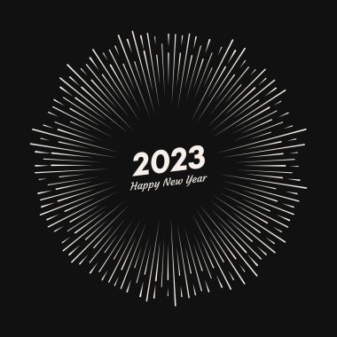 2023 yazısıyla havai fişek ve mutlu yıllar. Siyah arka planda izole edilmiş çizgi ışınlı Noel kartı patlaması. Vektör illüstrasyonu