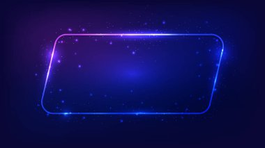 Neon yuvarlak paralelkenarlı çerçeve, parlak efektler ve koyu arkaplanda parıltılar. Boş parlayan tekno fon. Vektör illüstrasyonu