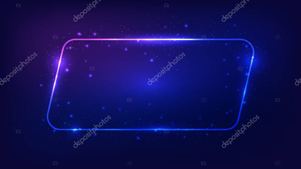 Neon rounded parallelogram frame with shining effects and sparkles on dark background. Empty glowing techno backdrop. Vector illustration
