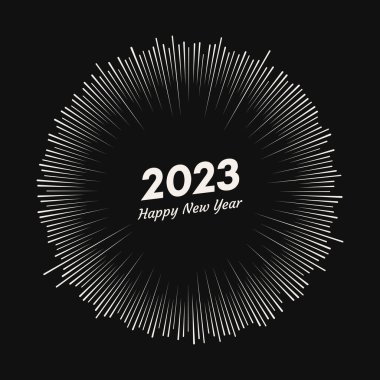 2023 yazısıyla havai fişek ve mutlu yıllar. Siyah arka planda izole edilmiş çizgi ışınlı Noel kartı patlaması. Vektör illüstrasyonu