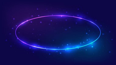 Parlak efektleri ve koyu arkaplanda parıltıları olan neon oval çerçeve. Boş parlayan tekno fon. Vektör illüstrasyonu