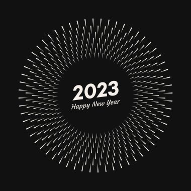 2023 yazısıyla havai fişek ve mutlu yıllar. Siyah arka planda izole edilmiş çizgi ışınlı Noel kartı patlaması. Vektör illüstrasyonu