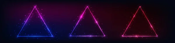 Állítsa Három Neon Háromszög Alakú Keretek Ragyogó Hatások Sötét Háttér — Stock Vector
