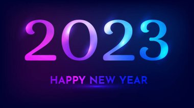 2023 Mutlu Yıllar Neon geçmişi. Noel tebrik kartı, el ilanı ya da posterleri için ışıkları olan soyut neon fon. Vektör illüstrasyonu