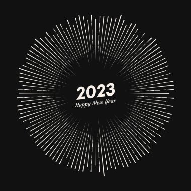 2023 yazısıyla havai fişek ve mutlu yıllar. Siyah arka planda izole edilmiş çizgi ışınlı Noel kartı patlaması. Vektör illüstrasyonu