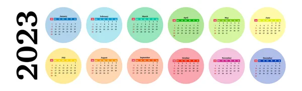 Horizontal Calendar 2023 Isolated White Background Sunday Monday Business Template — Archivo Imágenes Vectoriales