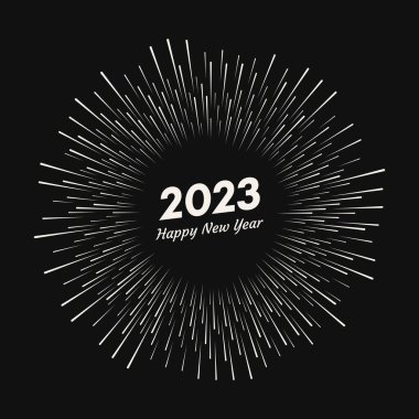2023 yazısıyla havai fişek ve mutlu yıllar. Siyah arka planda izole edilmiş çizgi ışınlı Noel kartı patlaması. Vektör illüstrasyonu