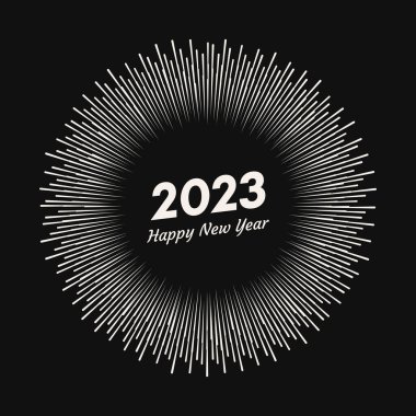 2023 yazısıyla havai fişek ve mutlu yıllar. Siyah arka planda izole edilmiş çizgi ışınlı Noel kartı patlaması. Vektör illüstrasyonu