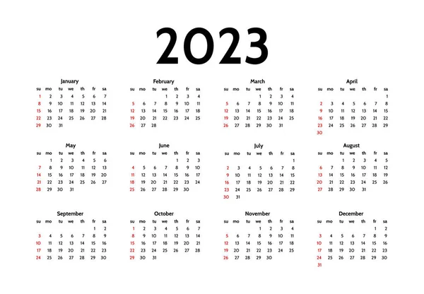 Kalender 2023 Geïsoleerd Een Witte Achtergrond Zondag Tot Maandag Business — Stockvector