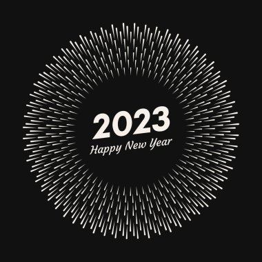 2023 yazısıyla havai fişek ve mutlu yıllar. Siyah arka planda izole edilmiş çizgi ışınlı Noel kartı patlaması. Vektör illüstrasyonu