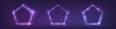 Pentagon formunda üç neon çerçeve seti ve karanlık arka planda parlak efektler. Boş parlayan tekno fon. Vektör illüstrasyonu