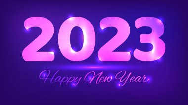 2023 Mutlu Yıllar Neon geçmişi. Noel tebrik kartı, el ilanı ya da posterleri için ışıkları olan soyut neon fon. Vektör illüstrasyonu
