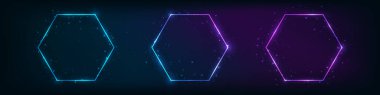 Üç tane neon altıgen çerçeve seti ve karanlık arka planda parlak efektler. Boş parlayan tekno fon. Vektör illüstrasyonu