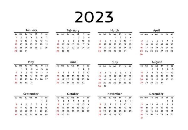 Kalendarz 2023 Izolowany Białym Tle Niedzieli Poniedziałku Szablon Biznesowy Ilustracja — Wektor stockowy