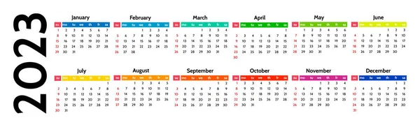 Horizontal Calendar 2023 Isolated White Background Sunday Monday Business Template — Image vectorielle