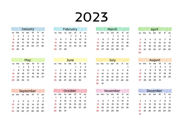 Calendario Para 2023 Aislado Sobre Fondo Blanco Domingo Lunes Plantilla — Vector de stock