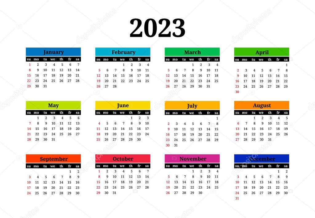 Calendar for 2023 isolated on a white background. Sunday to Monday, business template. Vector illustration