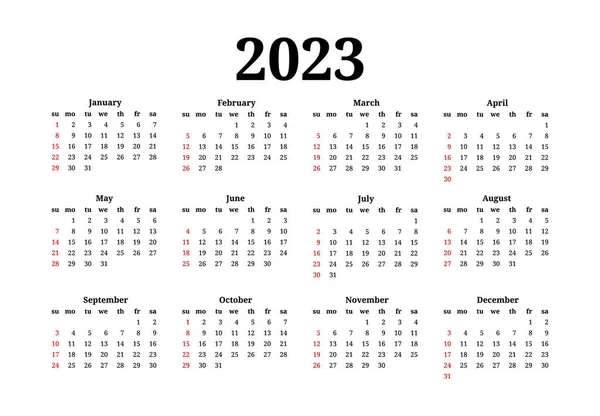 Kalendář Pro Rok 2023 Izolované Bílém Pozadí Neděle Pondělí Obchodní — Stockový vektor