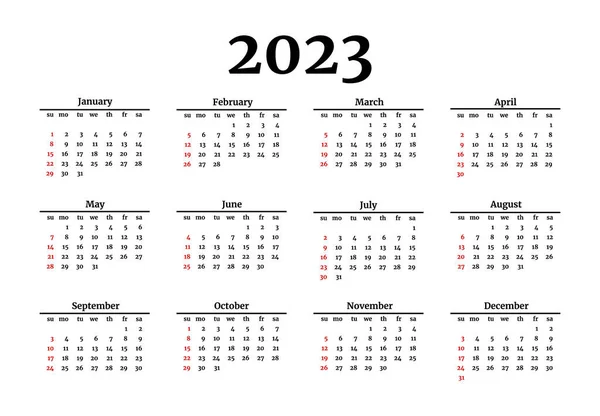 Calendario Para 2023 Aislado Sobre Fondo Blanco Domingo Lunes Plantilla — Vector de stock