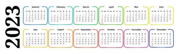 Horizontal Calendar 2023 Isolated White Background Sunday Monday Business Template — Vetor de Stock