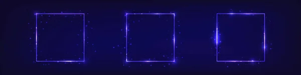 Set Van Drie Neon Vierkante Frames Met Stralende Effecten Donkere — Stockvector