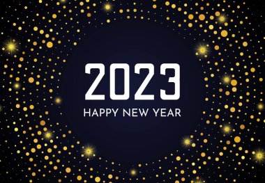 2023 Mutlu Yeni Yıl Altın Parıltısı Şablonu daire şeklinde. Soyut altın rengi, yarım tonlu, koyu arkaplandaki Noel tebrik kartı için noktalı arkaplan. Vektör illüstrasyonu
