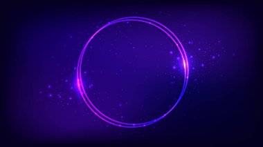 Neon çift yuvarlak çerçeve, parlak efektler ve koyu arkaplanda parıltılar. Boş parlayan tekno fon. Vektör illüstrasyonu