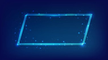 Neon dörtlü çerçeve, parlak efektler ve koyu arkaplanda parıltılar. Boş parlayan tekno fon. Vektör illüstrasyonu