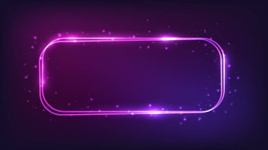 Neon çift yuvarlak dikdörtgen çerçeve, parlak efektler ve koyu arkaplanda parıltılar. Boş parlayan tekno fon. Vektör illüstrasyonu