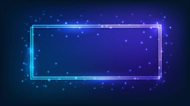 Neon çift dikdörtgen çerçeve, parlak efektler ve koyu arkaplanda parıltılar. Boş parlayan tekno fon. Vektör illüstrasyonu