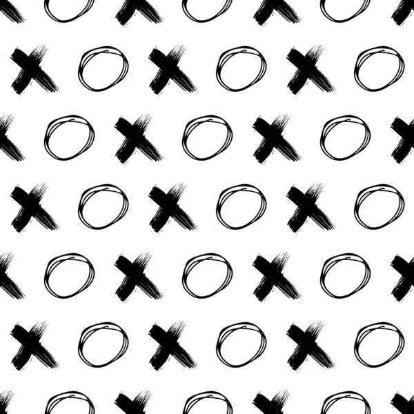 Seamless Pattern Black Hand Drawn Cross Circle Shapes White Background — Stock Vector