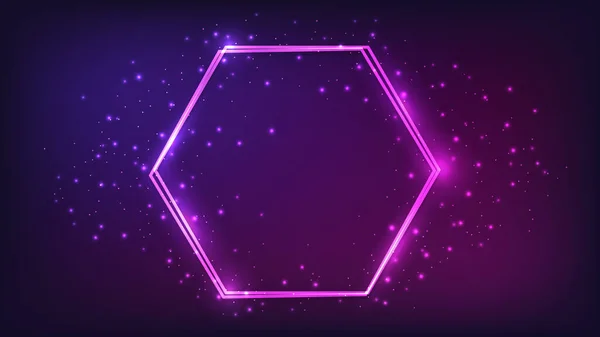 Neon Double Hexagon Frame Shining Effects Sparkles Dark Background Empty — Stock Vector