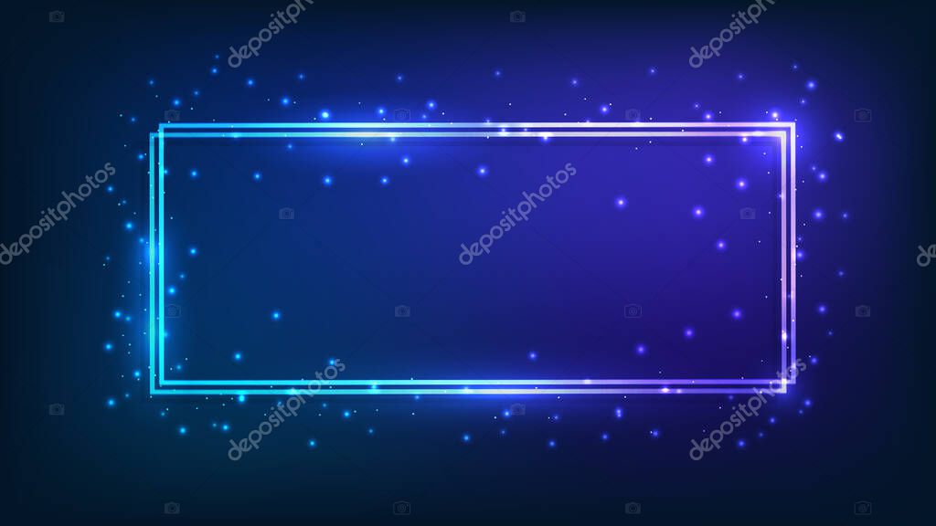 Neon double rectangular frame with shining effects and sparkles on dark background. Empty glowing techno backdrop. Vector illustration