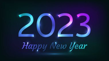 2023 Mutlu Yıllar Neon geçmişi. Noel tebrik kartı, el ilanı ya da posterleri için ışıkları olan soyut neon fon. Vektör illüstrasyonu
