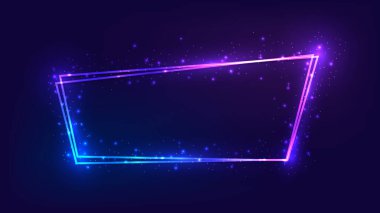 Parlak efektleri ve koyu arkaplanda parıltıları olan neon çift çerçeve. Boş parlayan tekno fon. Vektör illüstrasyonu